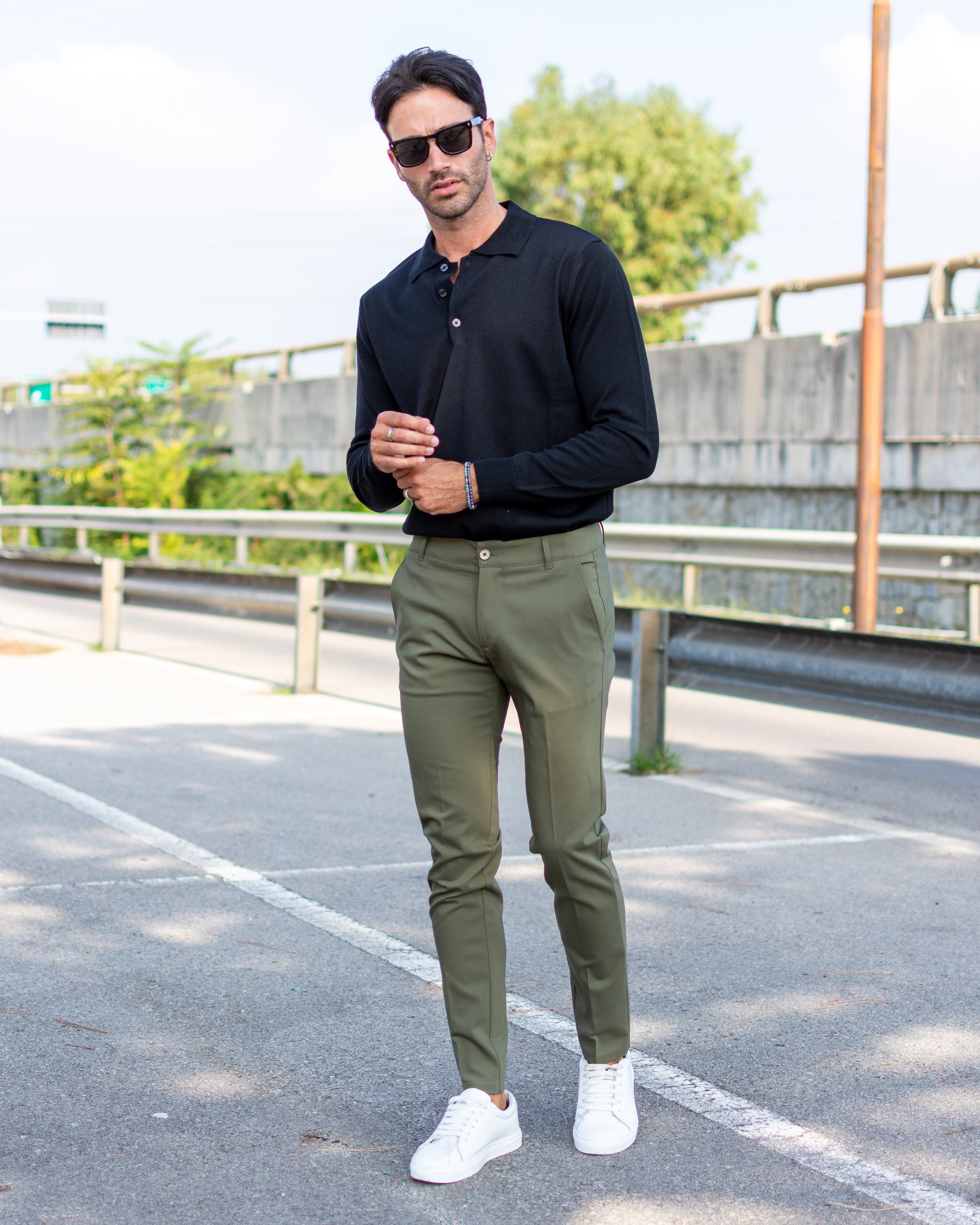 Milano - Pantalone Sartoriale Slim Fit Elasticizzato Verde Militare