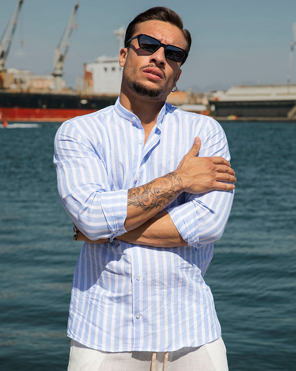 Capri - Camicia in lino a righe Azzurre