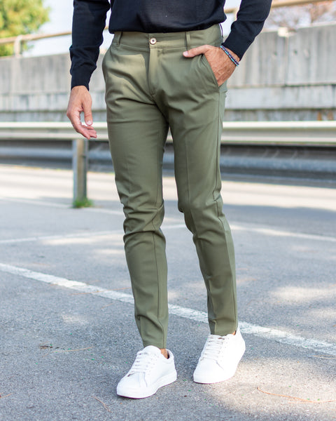 Milano - Pantalone Sartoriale Slim Fit Elasticizzato Verde Militare