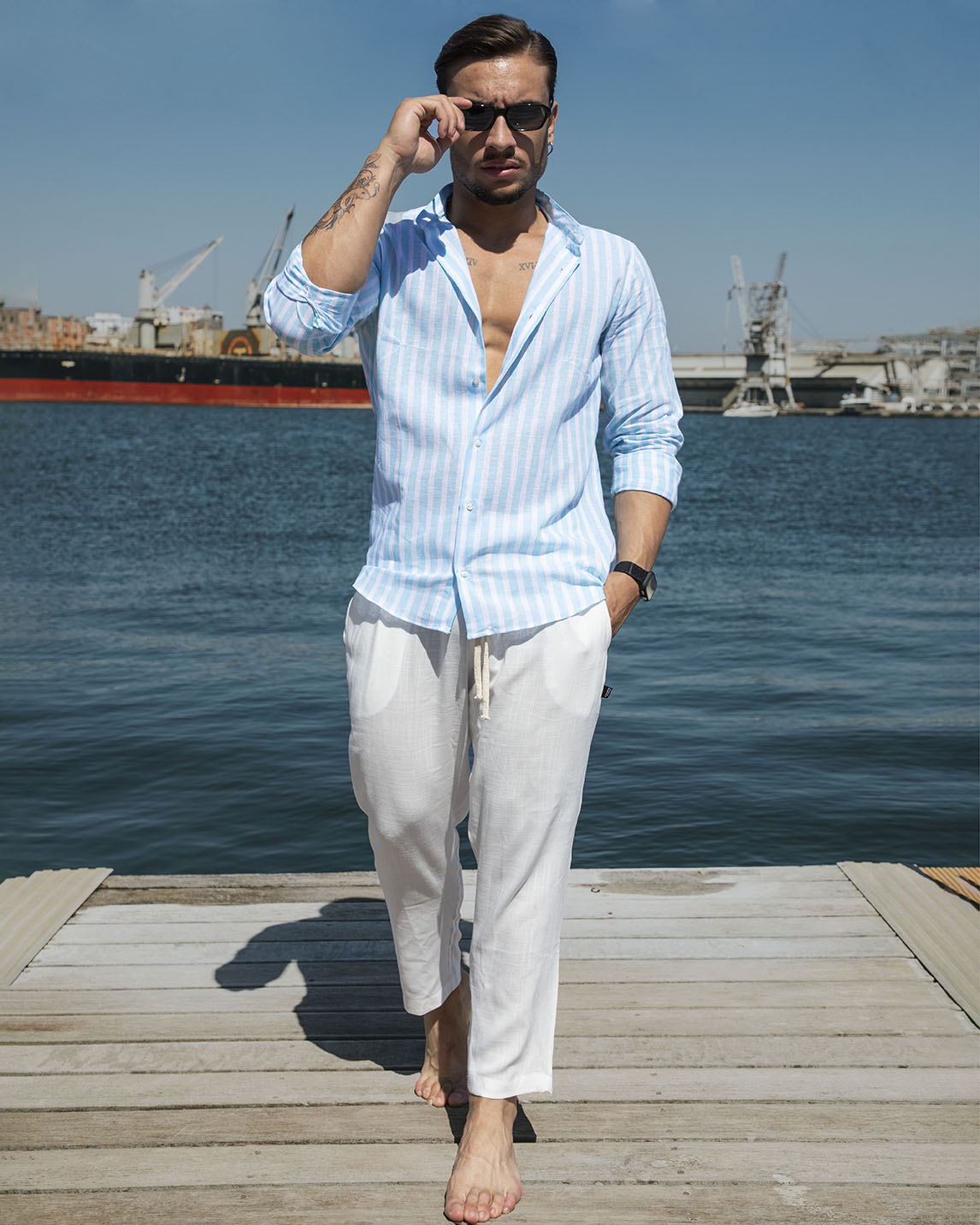 Capri - Camicia in lino a righe Turchesi