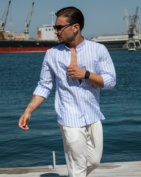 Capri - Camicia in lino a righe Azzurre